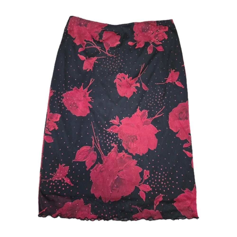 Vintage I.N. San Francisco Y2K Mesh Skirt M Red‎ Floral Grunge Romantic Date